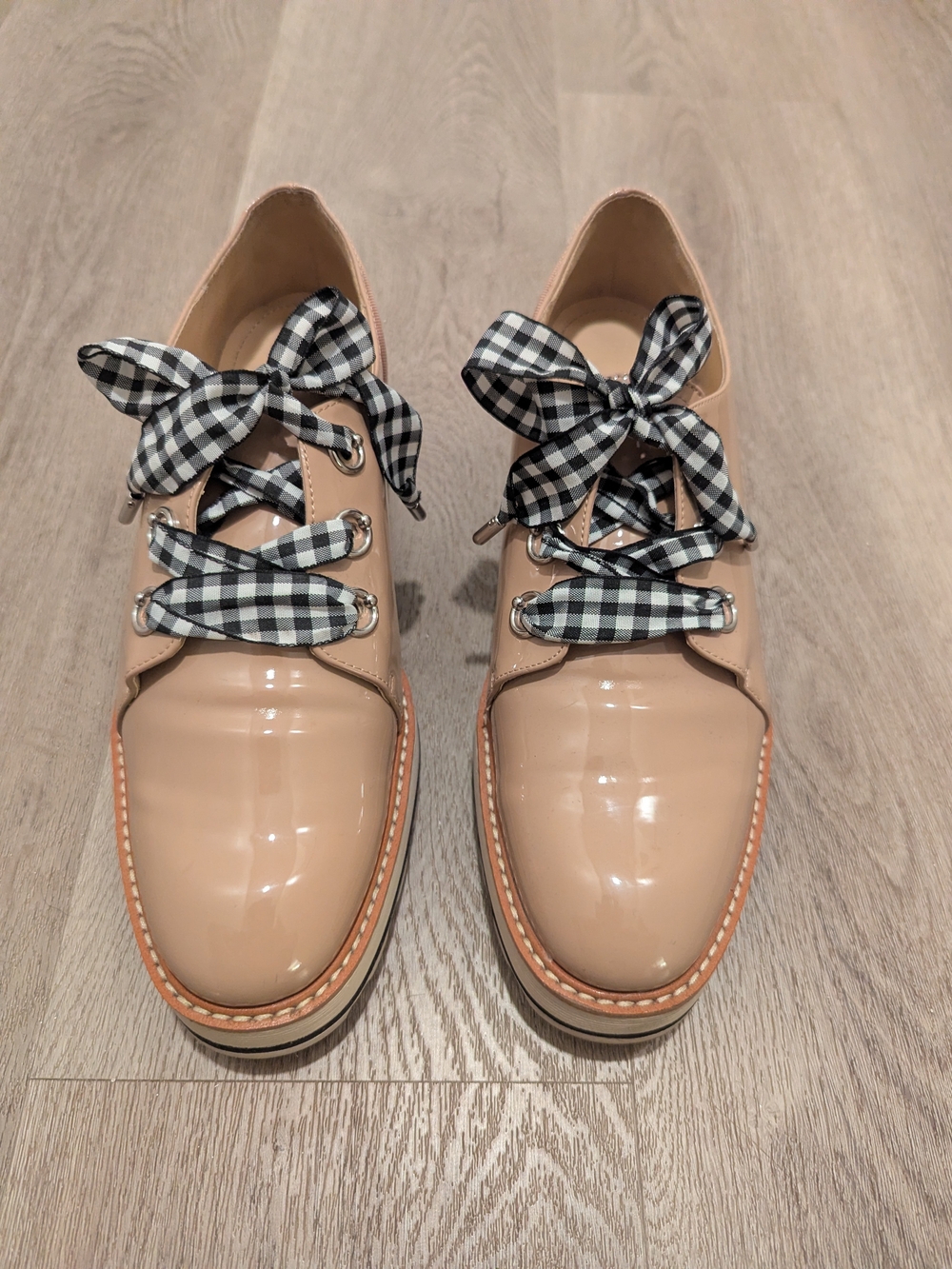 Zara Nude Patent Platform Oxfords with Gingham Laces